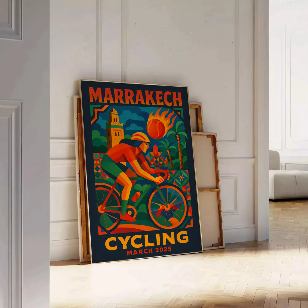 Vintage plakat rowerowy w stylu cartoon przedstawiający urok Marrakechu w intensywnych pomarańczowych i niebieskich odcieniac