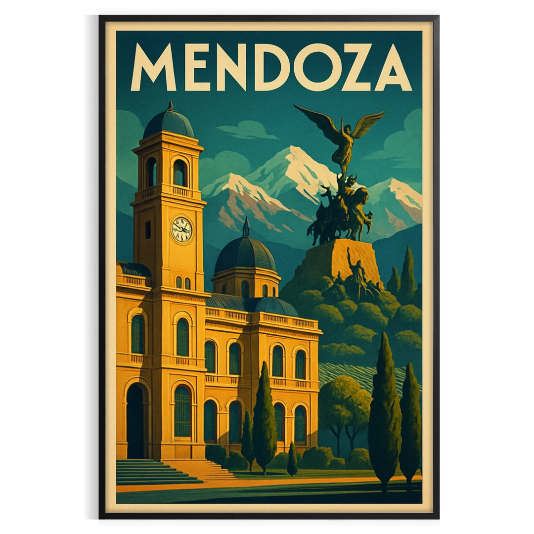 Mendoza Argentina Art Déco poster showing stylized vintage landscape in yellow and green