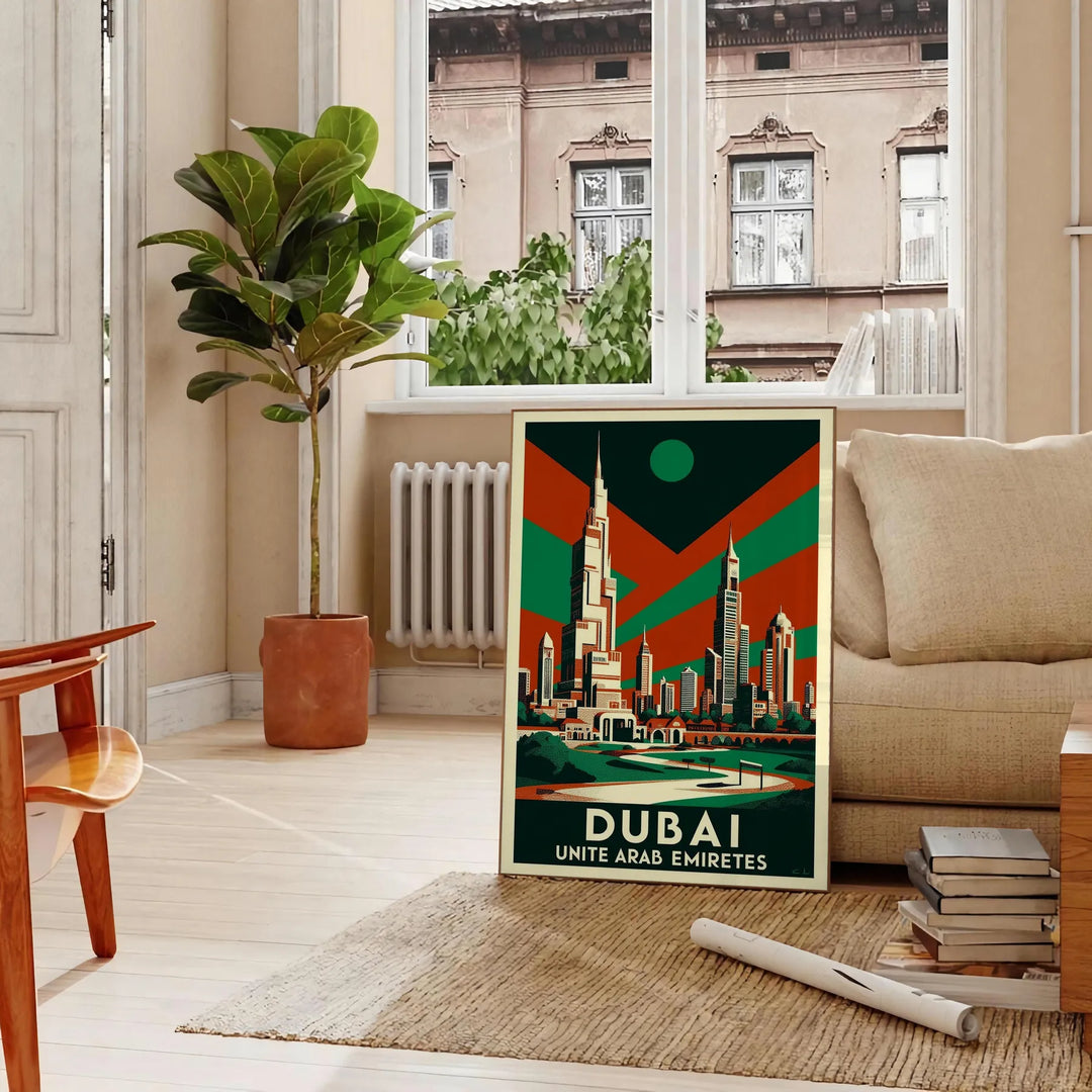 Dubaijas vintage ceļojumu Art Deco plakāts, eleganti zaļā un pelēkā krāsā, 50x70 vai 30x40 izmērā, ideāli piemērots telpu dek