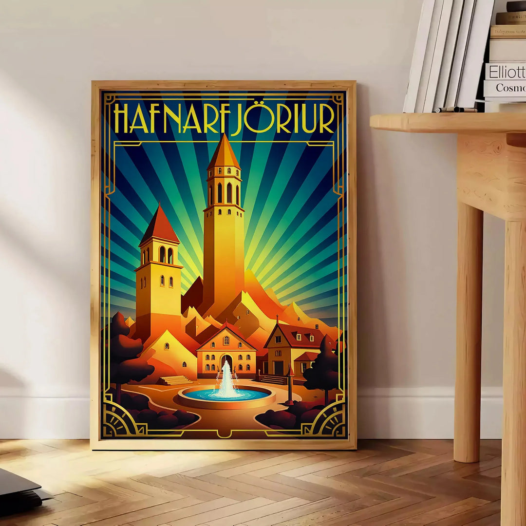 charm Hafnarfjörður Iceland stunning Art Déco vintage poster vibrant blue orange hues unique touch decor chance eye piece dimensions A4 cm A0