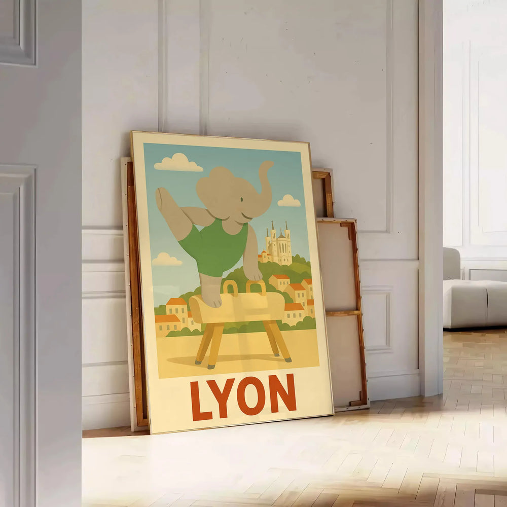 charming Kid Elephant Lyon Gymnastic poster delightful gray green hues child room dimensions whimsical design perfect young gymnasts favorite unframed option today