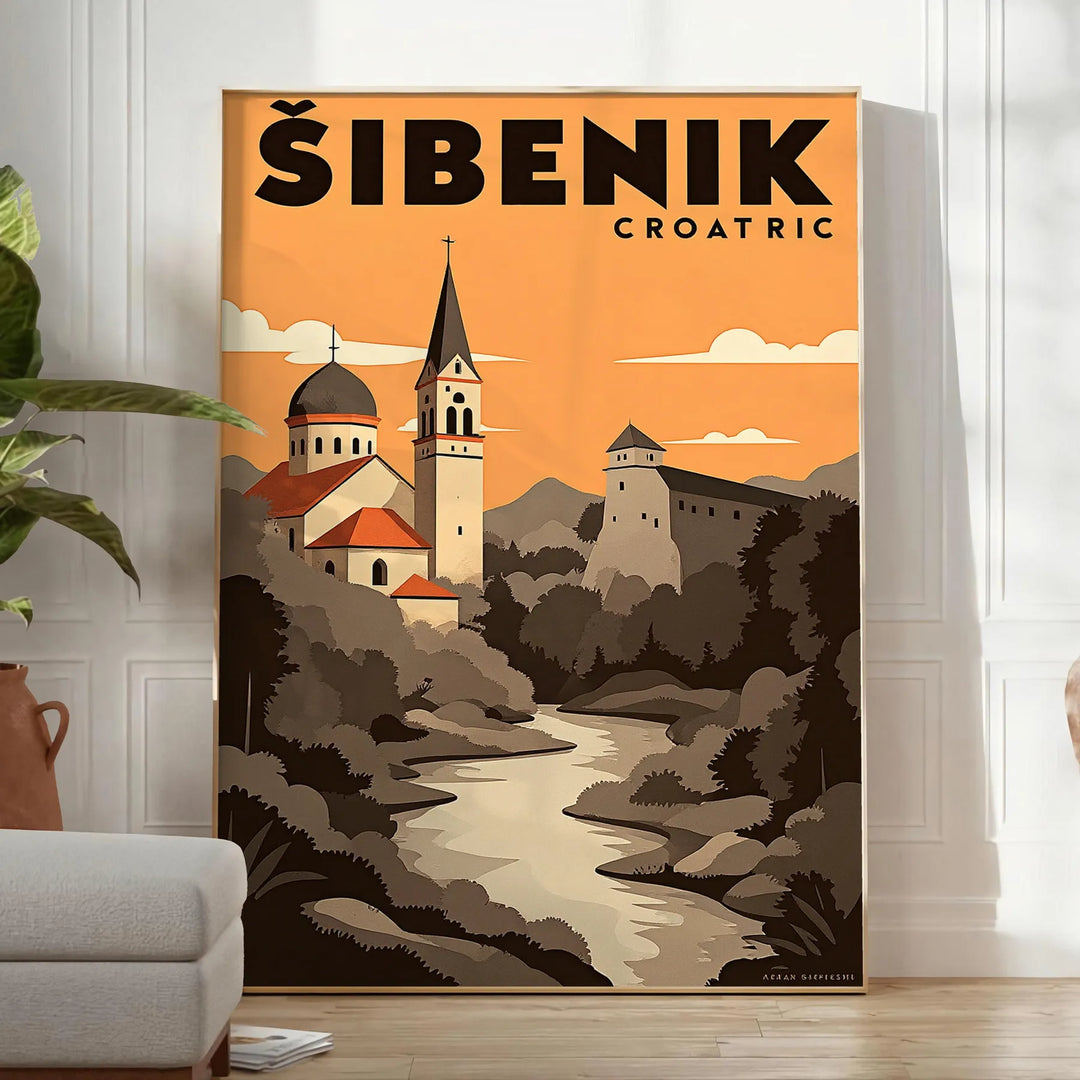 Šibenik, Croatia Art Déco poster showing brown and black cityscape