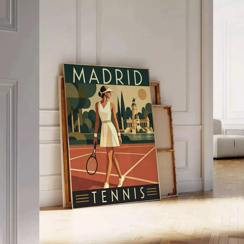 Bold graphic of tennis player in action against a green background, Madrid theme