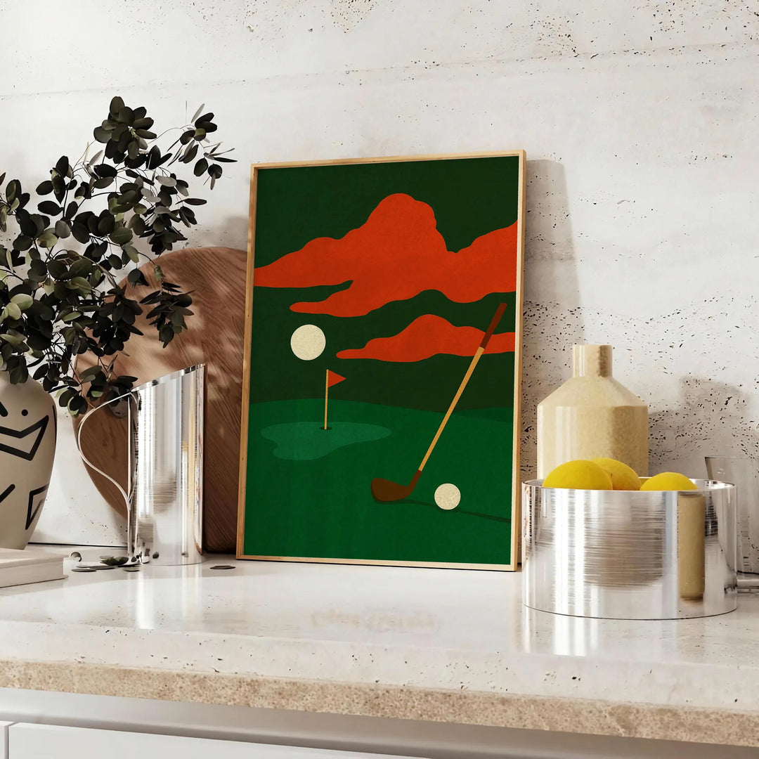 Golfposter med nattmotiv i grön och röd, perfekt som inredning eller present till golfälskare. Finns i storlekarna 30x40 cm o