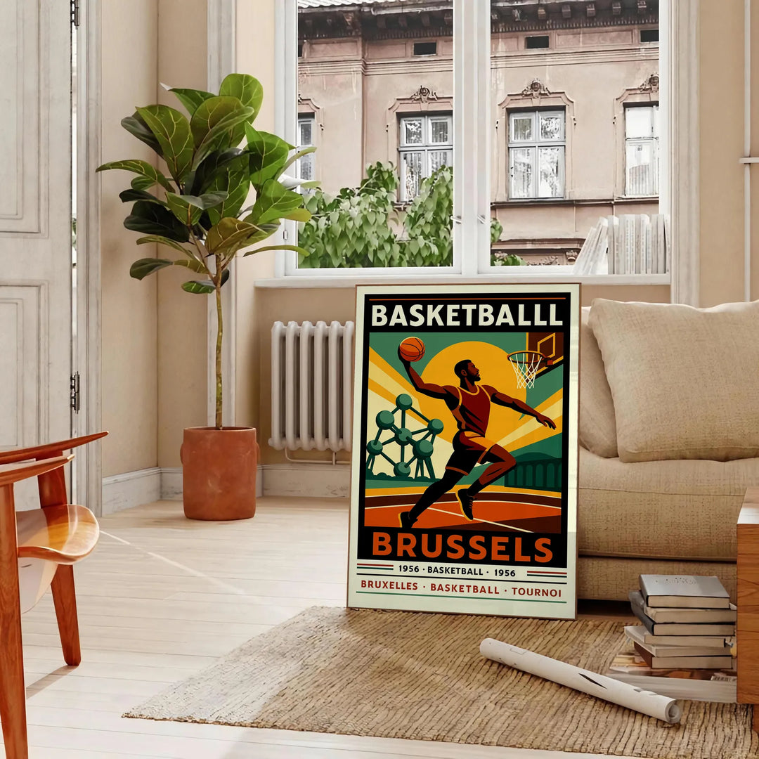 Vintage Basketball Poster im Art Deco Stil mit dem ikonischen Brussels 13, erhältlich in 50x70 oder 30x40. Perfekt für Basket