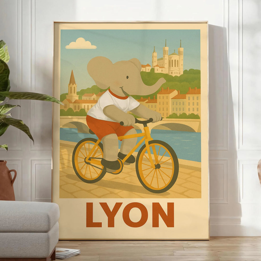 charming kid elephant cycling poster shades gray green whimsical touch space delightful decor choice today playful joy child room