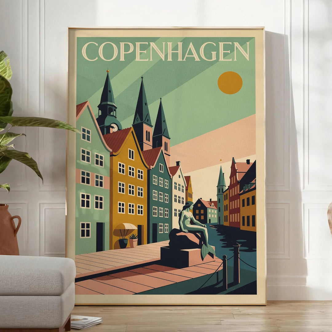 Poster Art Déco di Copenaghen, panorama urbano in marrone e nero