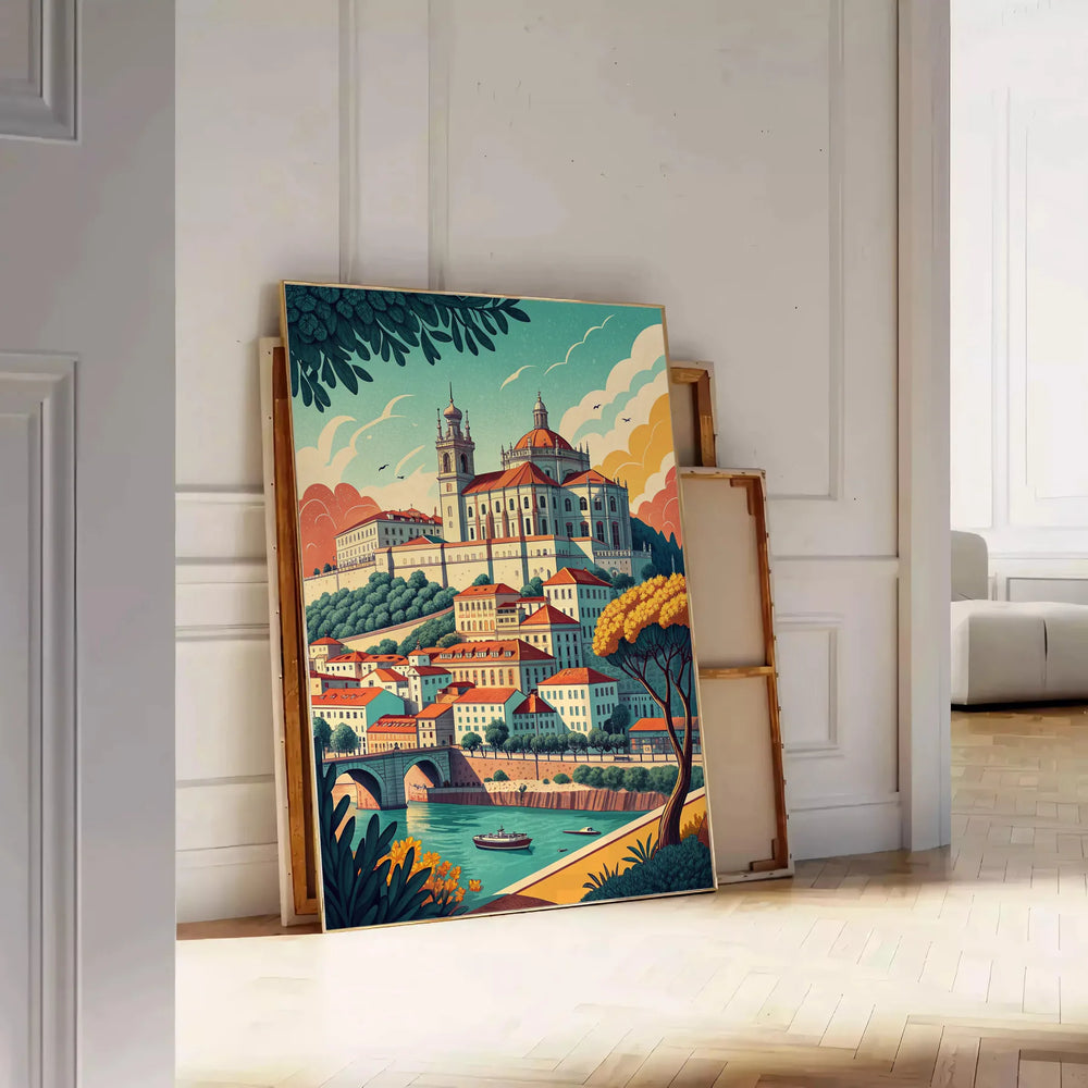 Coimbra Portugal Art Déco poster featuring stylized gray and brown cityscape, vintage