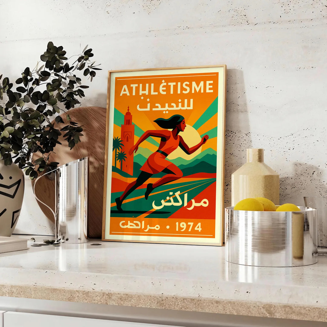 1974. gada Marakešas sporta plakāts ar dzīvīgām zaļām un sarkanām krāsām, kas iemūžina sacensību garu. Pieejams dažādos izmēr