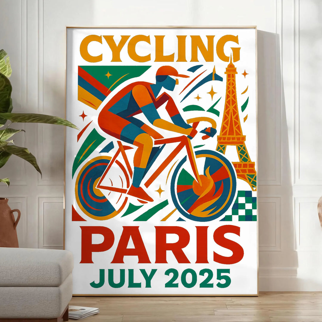 Stilīgs Parīzes Tour de France velosipēdu plakāts ar dzīvīgām sarkanām un zilām krāsām, izmēros 50x70 vai 30x40, ideāli piemē
