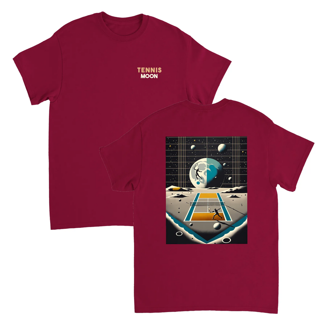 T-shirt Tennis Moon, design unico per appassionati di tennis e amanti delle stelle, realizzato in 100% cotone per il massimo