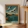 élégance asiatique affiche Cranes Dusk Japanese Stamp nuances bleu vert une touche sereine intérieur espace galerie raffinée A4 cm A0