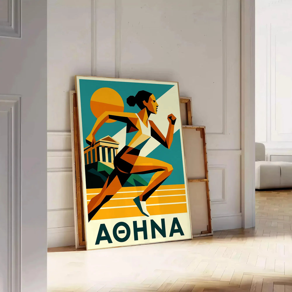 space vibrant Athletics Athena 19 poster bold green orange hues energy movement dimensions striking artwork perfect sport enthusiasts decor available