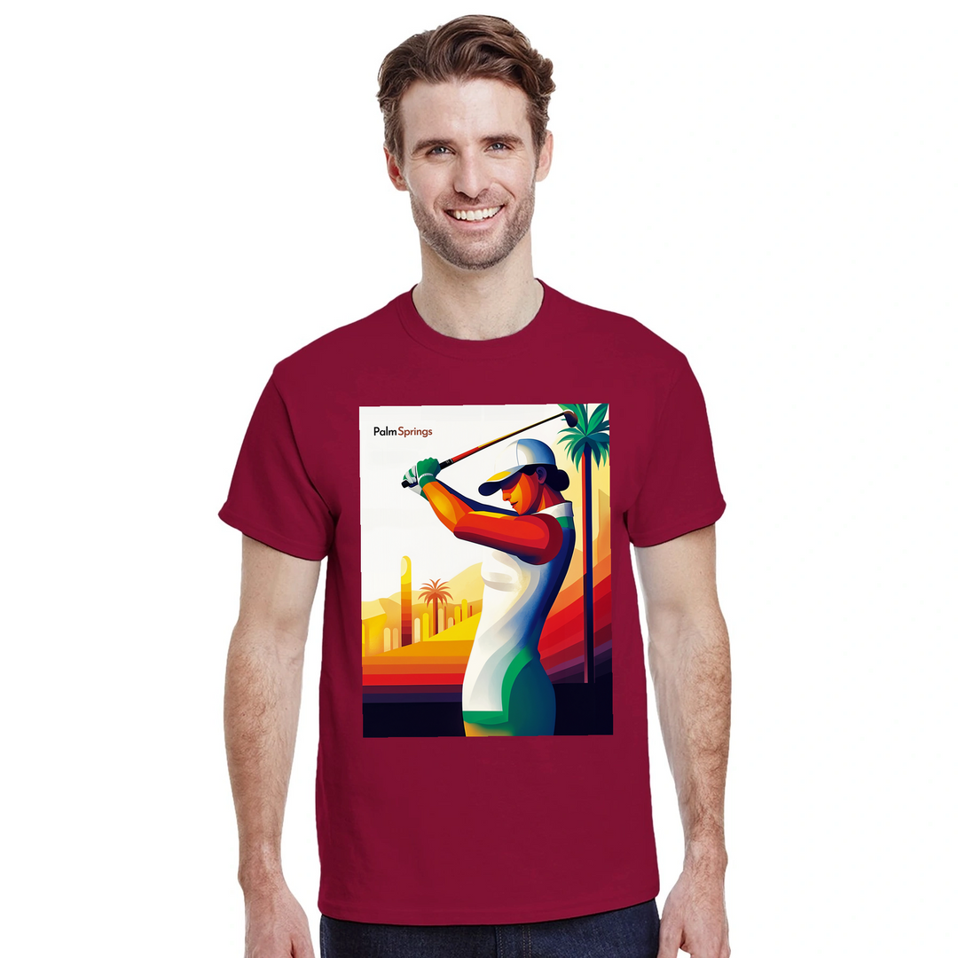 ゴルフパームスプリングスTシャツ。快適なコットン素材で、パームスプリングスの活気ある雰囲気を表現。ゴルフ愛好者や日差しを楽しむ人に最適な一枚です。