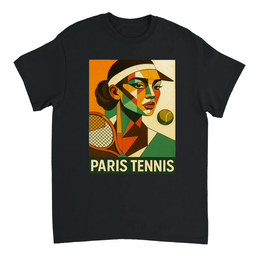 T-shirt wardrobe Paris Cubist Tennis T shirt unique tee art twist perfect sports enthusiasts lovers soft breathable fabric ideal casual occasion love Parisian style sizes available M L XL XXL