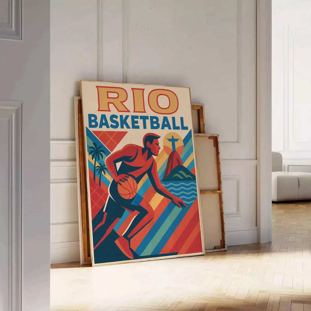 space stunning Rio Football Basketball Vintage Poster perfect blend art deco style sports nostalgia spirit game ideal gift fans striking addition home decor sizes A4 cm A0
