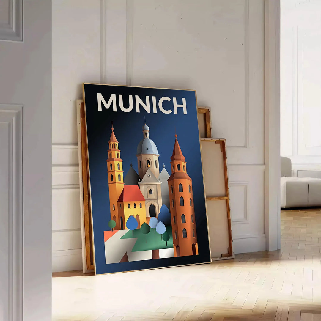 Plakat w stylu Art Déco przedstawiający urok Monachium, w odcieniach szaro-niebieskich. Idealny rozmiar 50x70 lub 30x40. Dosk