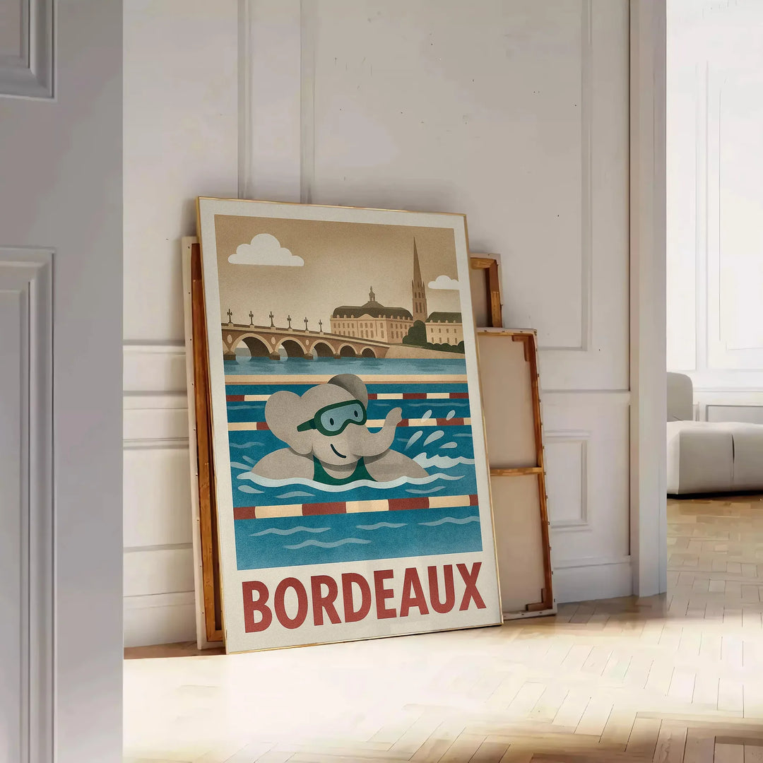 Αναδείξτε τον χώρο του παιδιού σας με το μαγευτικό αφίσα με θέμα τον ελέφαντα που κολυμπάει, σε ζωντανές αποχρώσεις μπλε και