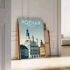 Stylized Poznań city poster with bold orange and green graphic skyline