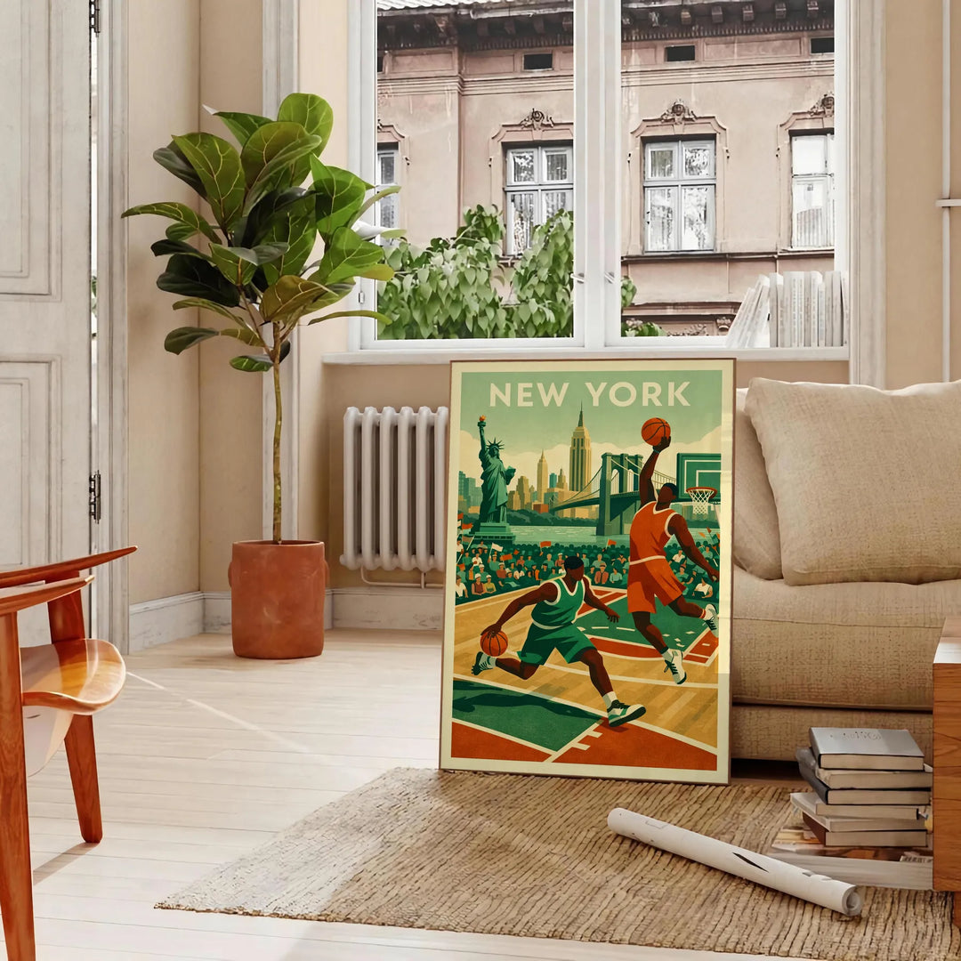 space vibrant New York USA NBA poster stunning blend brown orange hues sports enthusiasts city lovers eye piece walls available A4 cm A0