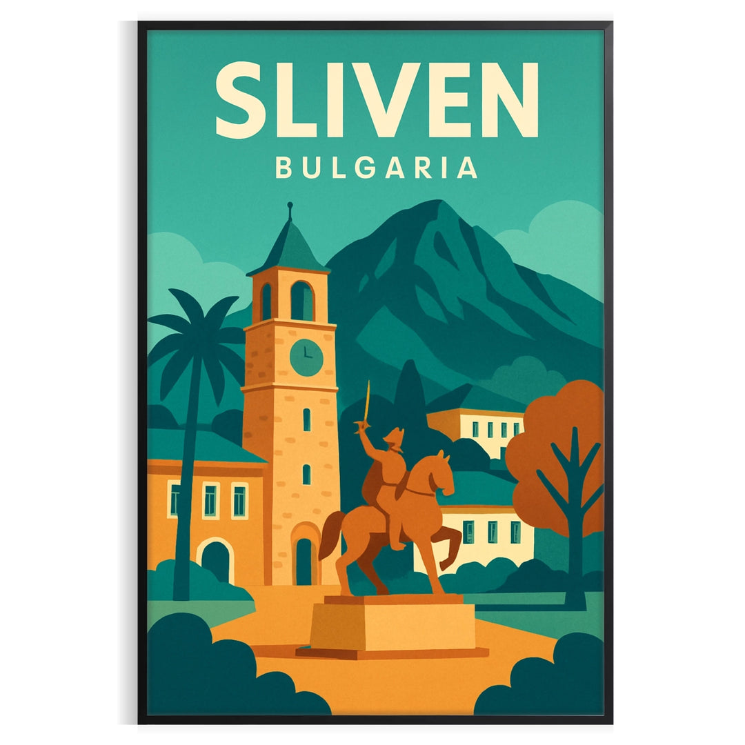 Blue and orange space-style cityscape of Sliven, Bulgaria on poster