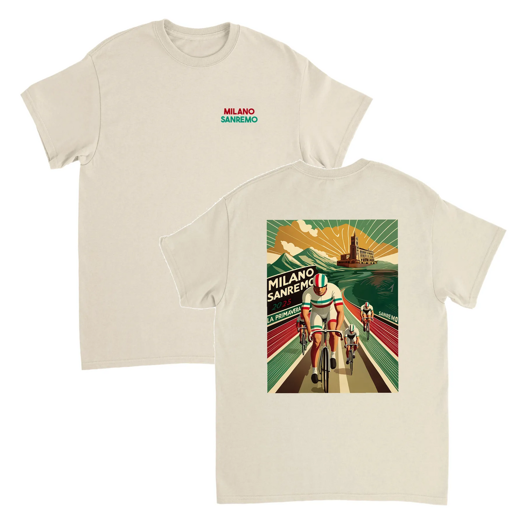 Koszulka Milano Sanremo z unikalnym wzorem, idealna dla miłośników kolarstwa. Dostępna w rozmiarach S, M, L, XL