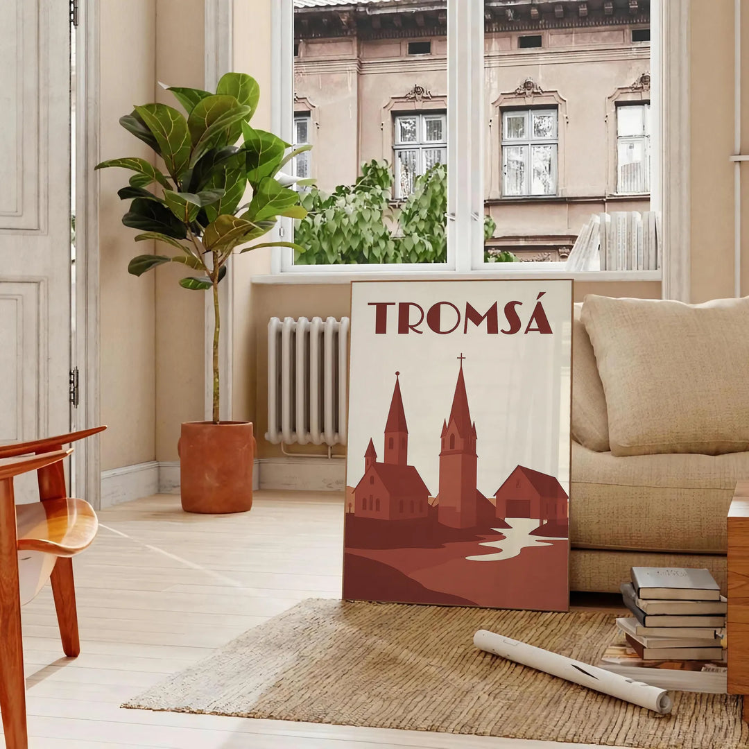 Vintage plakat Art D co przedstawiający urok Tromsø w Norwegii, dostępny w rozmiarach 50x70 lub 30x40, idealny do każdego wnę