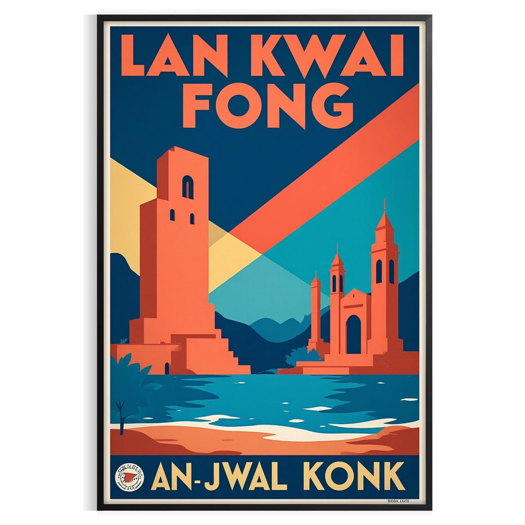 space stunning vintage travel art deco poster Lan Kwai Fong Hong Kong vibrant orange green tones cm masterpiece essence iconic locale decor formats A4 A0