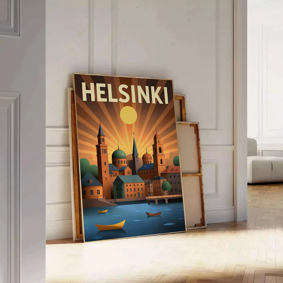 Manifesto vintage Art Déco di Helsinki con illustrazione cittadina grigia e verde.