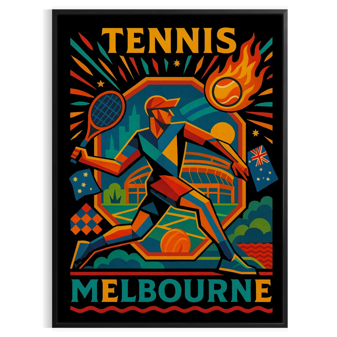 space Melbourne Vintage Cartoon Tennis poster blue black hues dimensions eye art piece playful touch room Buy today unframed options ideal look