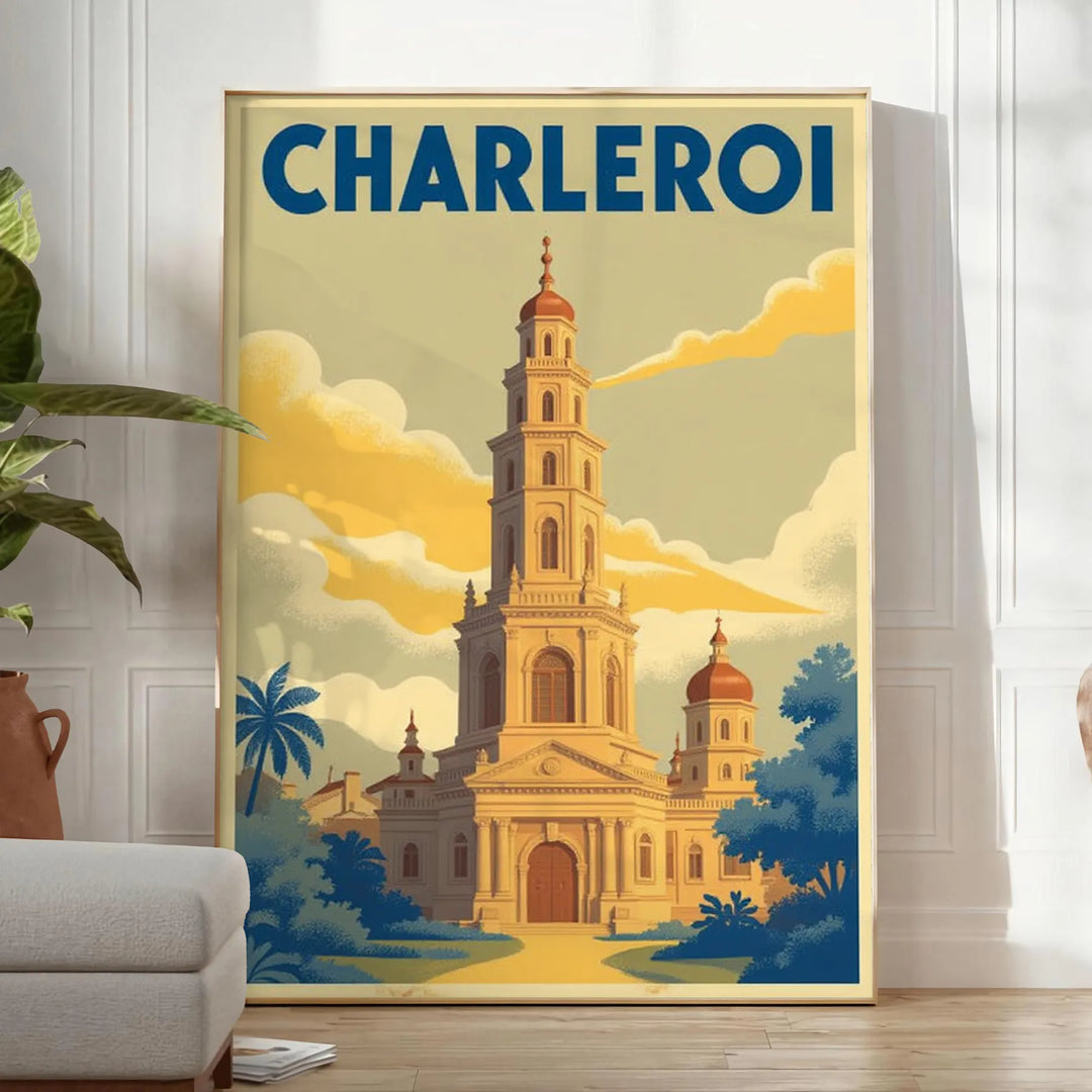 Affiche Charleroi Art Déco montrant scène urbaine vintage vert et bleu