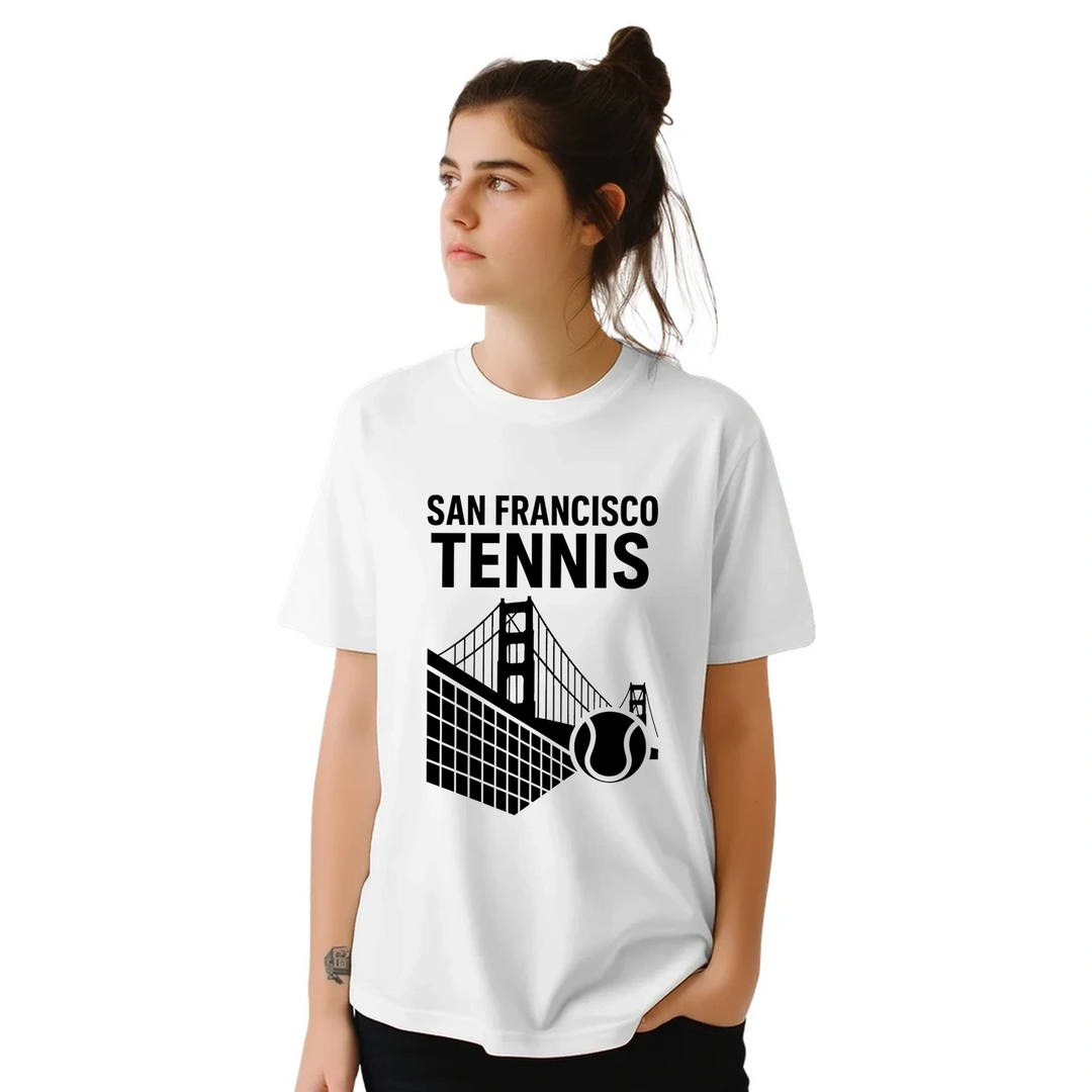 サンフランシスコテニスTシャツ。スタイリッシュなデザインで、テニス愛好者や都市のファンに最適。サイズはS、M、L、XL、XXLが利用可能。
