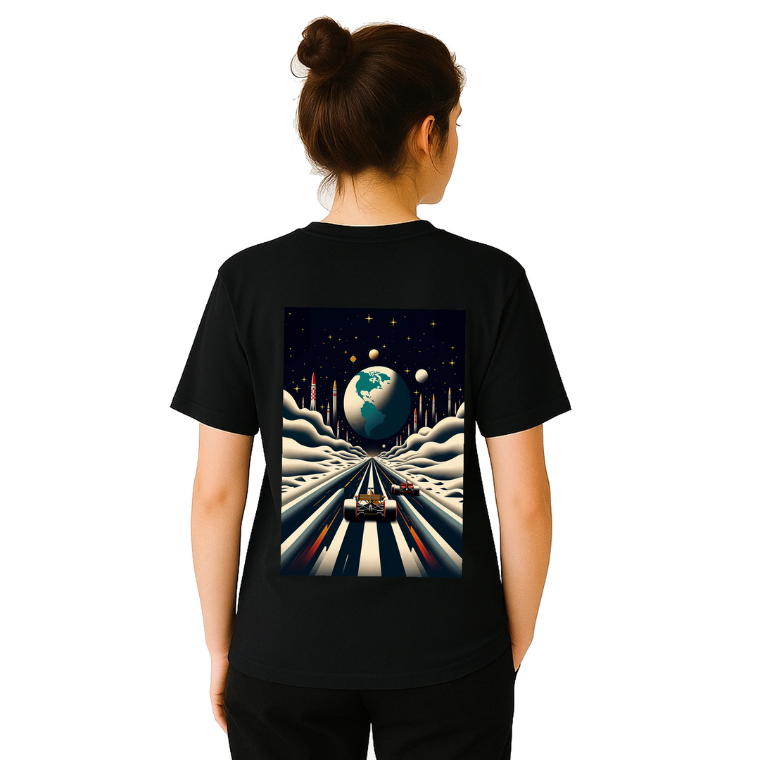 T-shirt Formula Moon con design lunare unico, ideale per appassionati di astronomia. Morbido cotone per un comfort duraturo