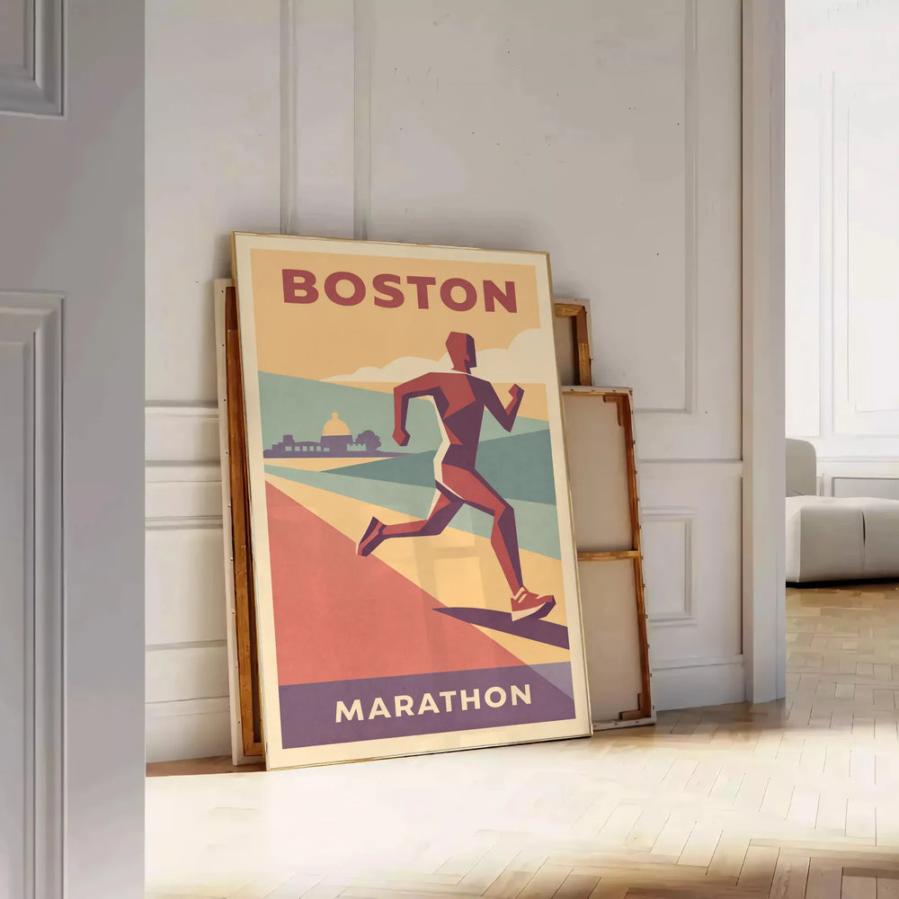Boston Marathon poster featuring runners with orange and brown tones