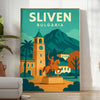 スリヴェン（ブルガリア）の街並みを描いた青とオレンジのポスター（宇宙風）