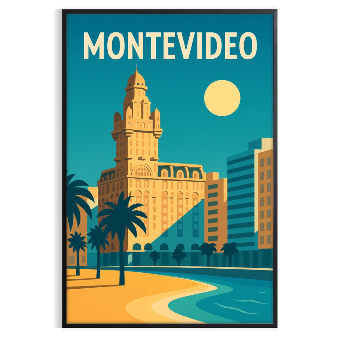 Montevideo Uruguay Art Déco poster with blue and yellow geometric design