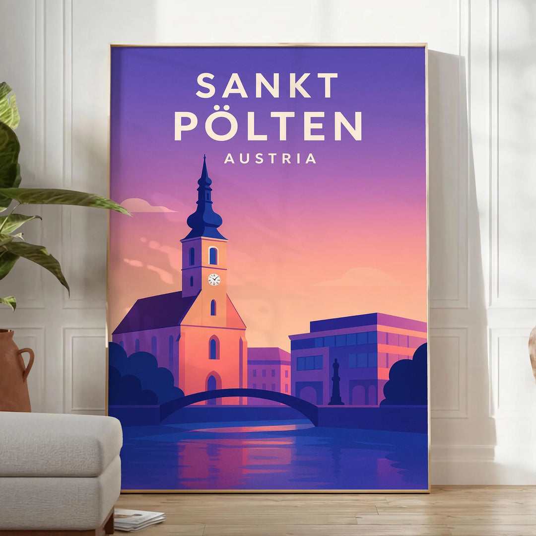 Sankt Pölten Plakat, minimalistisches Stadtbild in Grau und Lila
