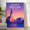 Sankt Pölten Plakat, minimalistisches Stadtbild in Grau und Lila