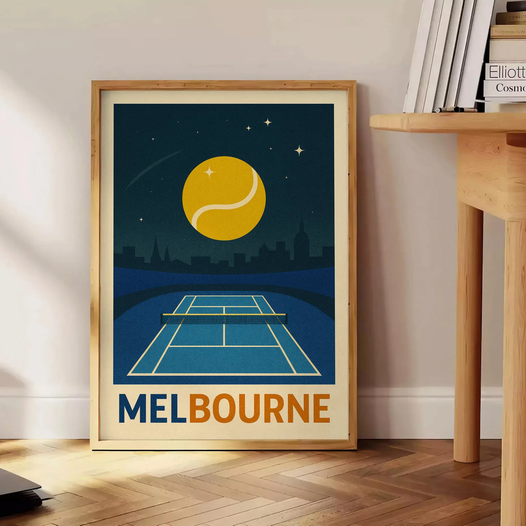 メルボルンの夜のテニスをテーマにした美しいポスター。青と緑の魅力的な色合いが特徴で、スポーツコレクションにぴったりのデザインです。