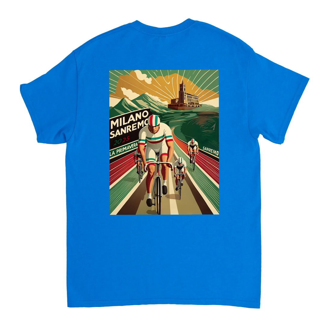 Koszulka Milano Sanremo z unikalnym wzorem, idealna dla miłośników kolarstwa. Dostępna w rozmiarach S, M, L, XL
