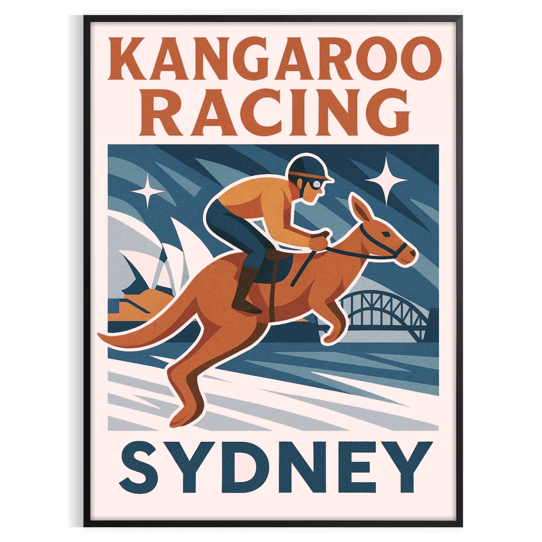 space vibrant kangaroo Sydney poster orange white hues eye artwork perfect animal lovers sports enthusiasts decor available A4 cm A0