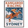 Färgglad poster med kangaroo racing i Sydney, perfekt för djurälskare och sportentusiaster. Finns i flera storlekar