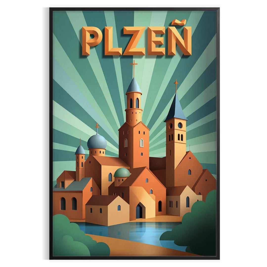 charm Plzeň Czechia stunning Art Déco vintage poster vibrant yellow green hues home office decor masterpiece touch elegance space today history life sizes A4 cm A0