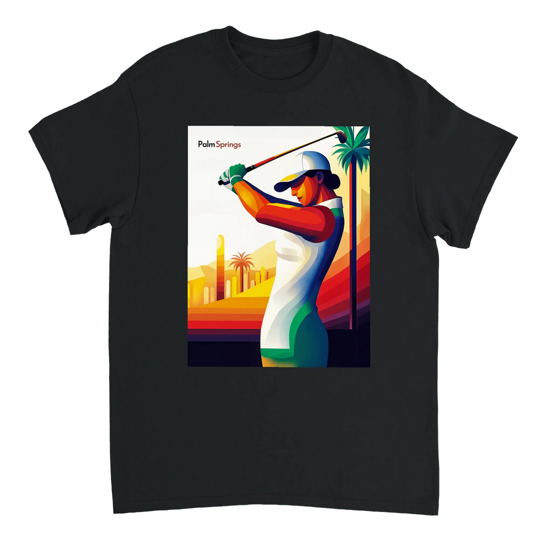 ゴルフパームスプリングスTシャツ。快適なコットン素材で、パームスプリングスの活気ある雰囲気を表現。ゴルフ愛好者や日差しを楽しむ人に最適な一枚です。