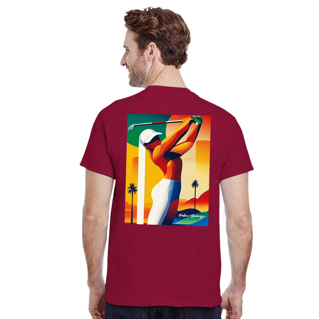 パームスプリングスゴルフTシャツは、明るいデザインが特徴で、ゴルフ場でも普段使いでも活躍する一枚です。サイズはSからXXLまで揃っています。