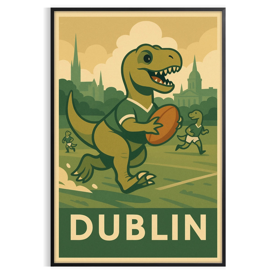 vintage rugby poster playful dinosaur theme perfect kids unique print blends art deco style whimsical Dublin vibe dimensions cm ideal young enthusiast room A4 A0