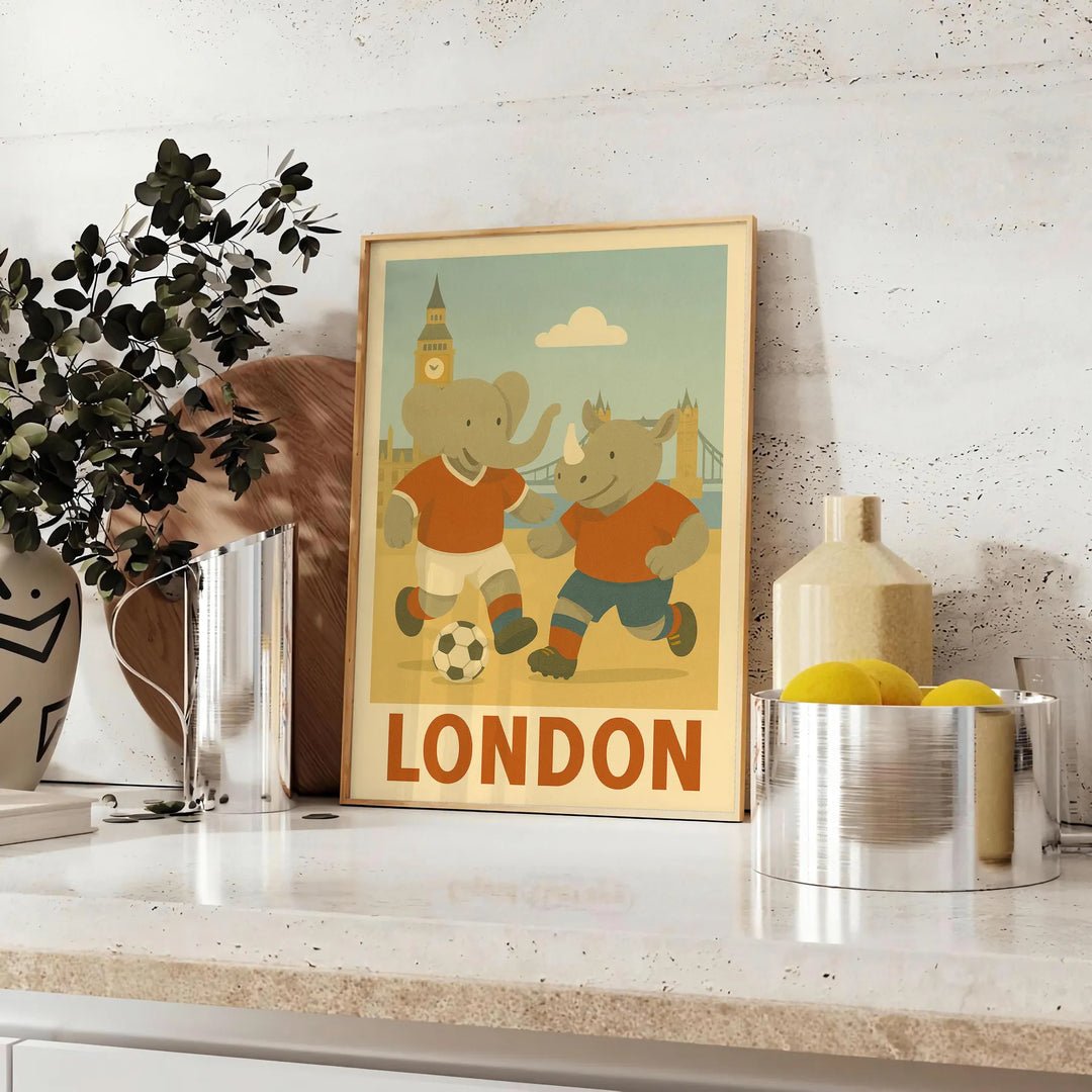 space charming kid elephant rhinoceros football poster playful designs gray green nurseries playrooms art touch London spirit today dimensions cm A4 A0