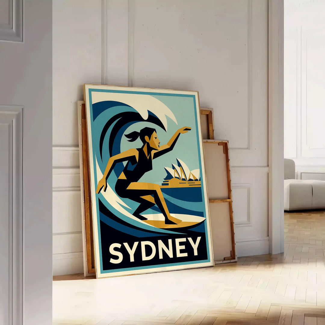 Stilren poster som fångar den livliga energin från surfen i Sydney, i gröna och grå nyanser. Finns i storlekarna 50x70 eller