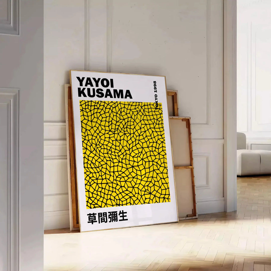 Färgglad Pumpkin Yayoi Kusama poster i grönt och svart, tillgänglig i flera storlekar som 50x70 cm och 30x40 cm, perfekt för