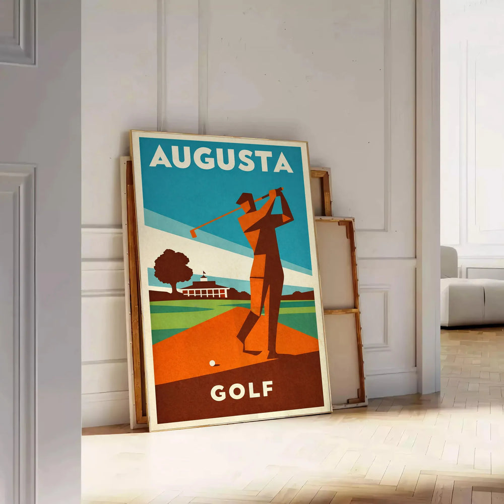 Vintage poster depicting the Augusta United States golf course in yellow and blue